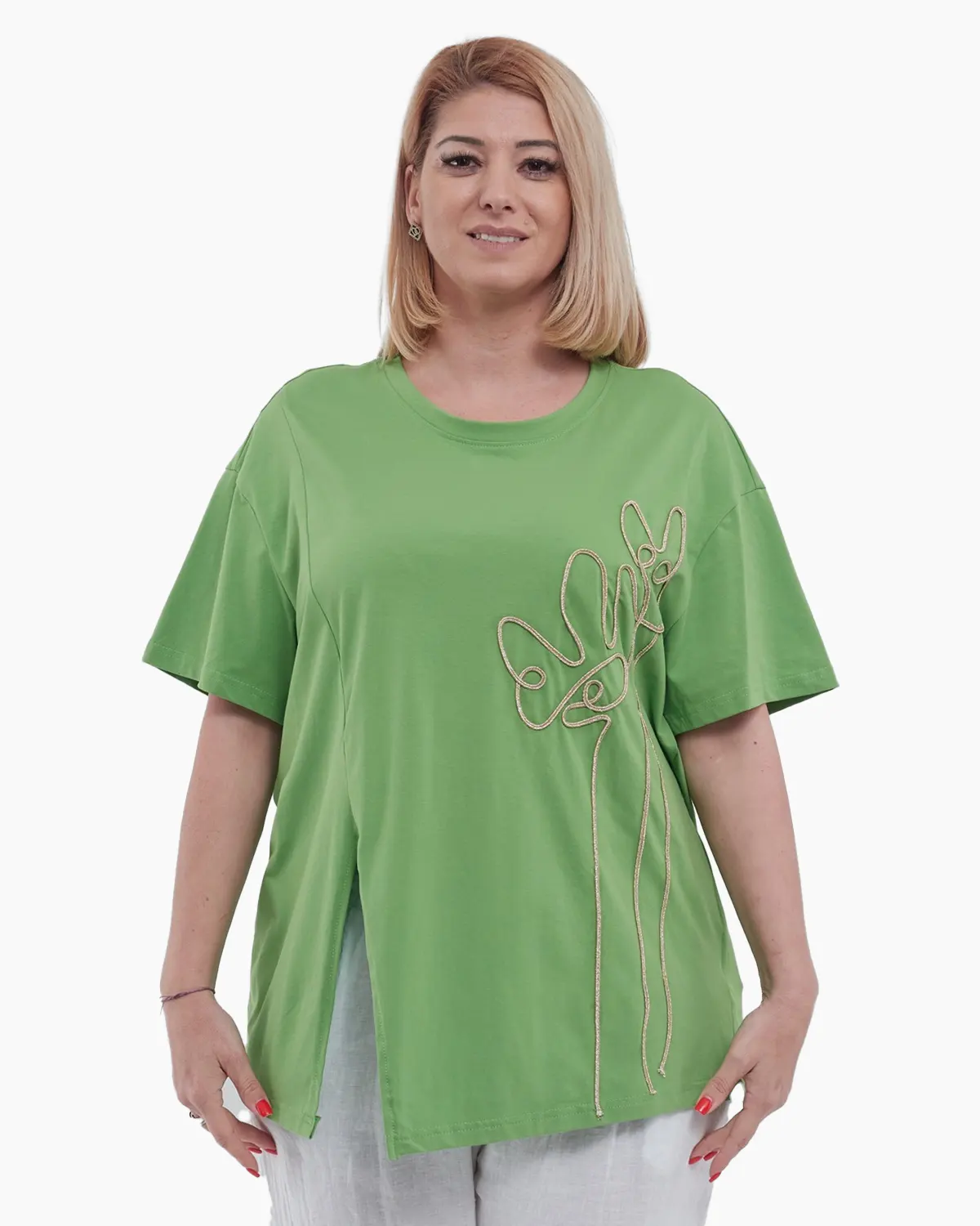 Tricou casual elegant din bumbac talie unica cu aplicatie florala aurie si despicatura frontala subtila vernil [2]