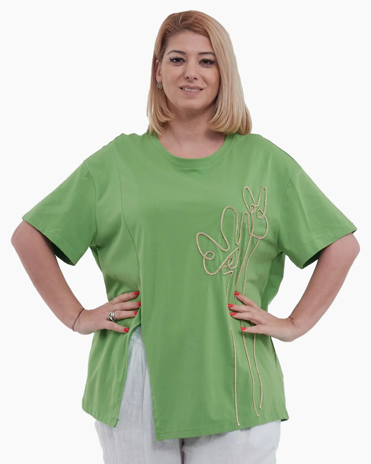 Tricou casual elegant din bumbac talie unica cu aplicatie florala aurie si despicatura frontala subtila vernil [1]