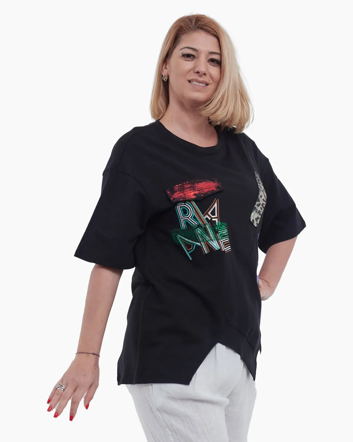 Tricou dama elegant din bumbac fin cu imprimeu abstract modern croiala lejera asimetrica umeri cazuti talie unica negru [2]