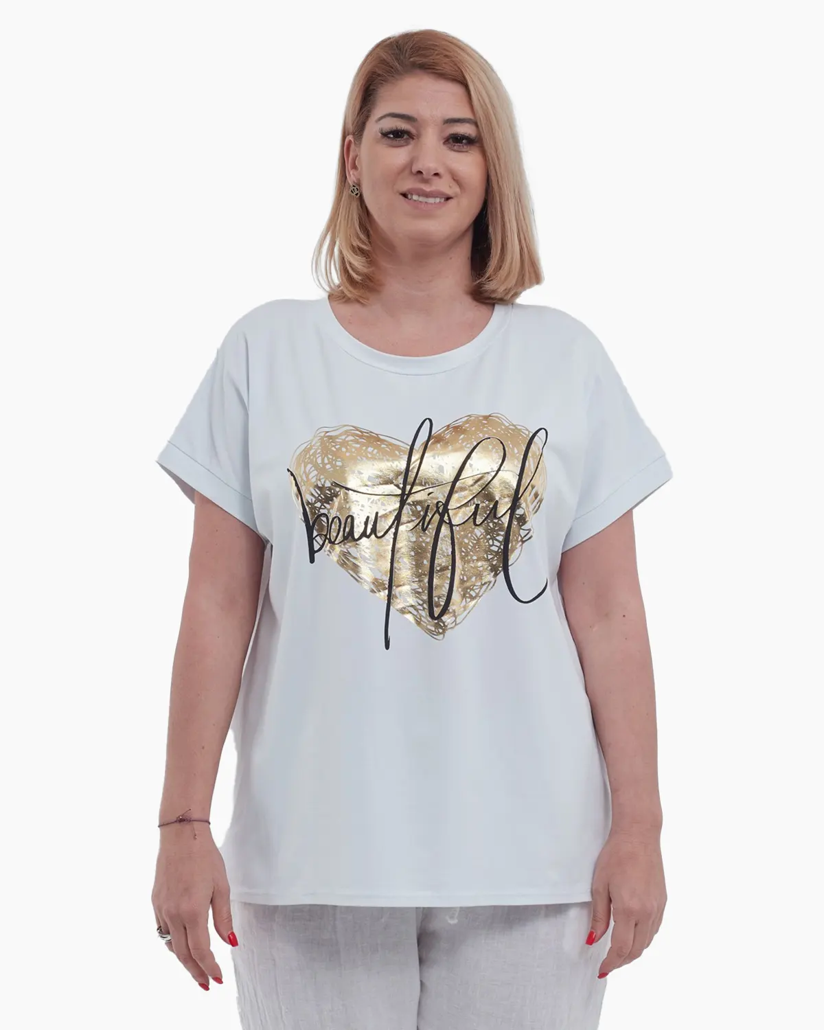 Tricouri - Tricou elegant de vara cu design inima aurie si umeri cazuti, din bumbac premium usor elastic, perfect pentru un look casual chic, alb