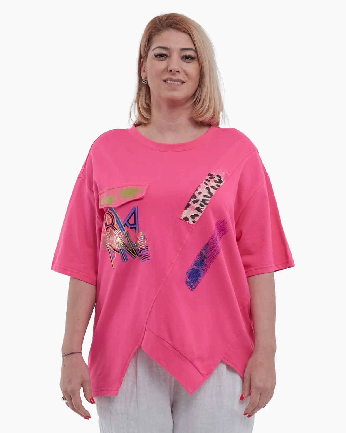 Tricou elegant din bumbac pur cu imprimeu abstract modern design asimetric si umeri cazuti croiala lejera talie unica fucsia [3]