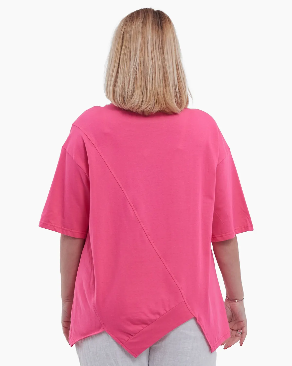 Tricou elegant din bumbac pur cu imprimeu abstract modern design asimetric si umeri cazuti croiala lejera talie unica fucsia [2]