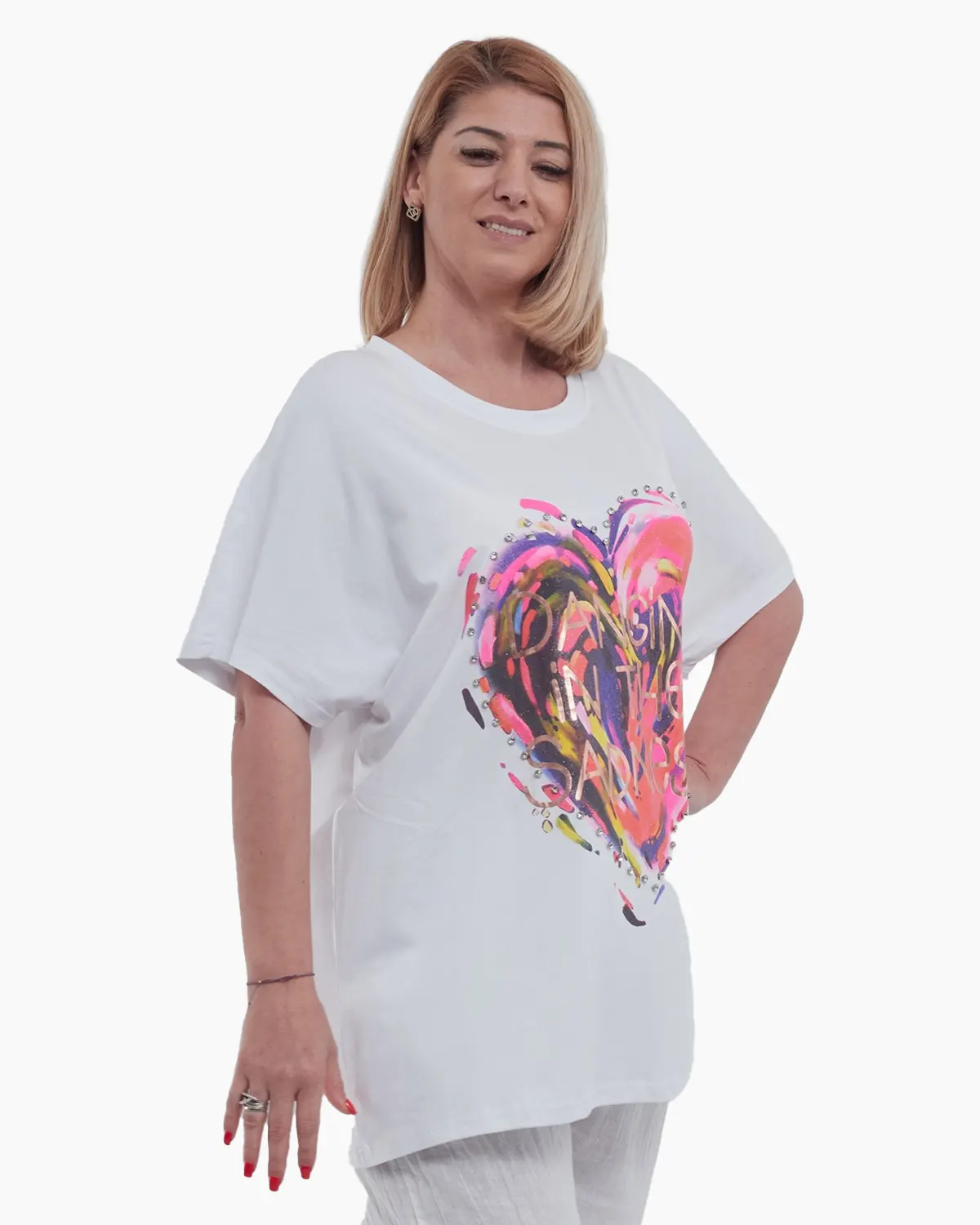 Tricou elegant din bumbac usor elastic cu imprimeu inima, pietricele stralucitoare si croiala fluture lejera cu umeri cazuti, alb [2]