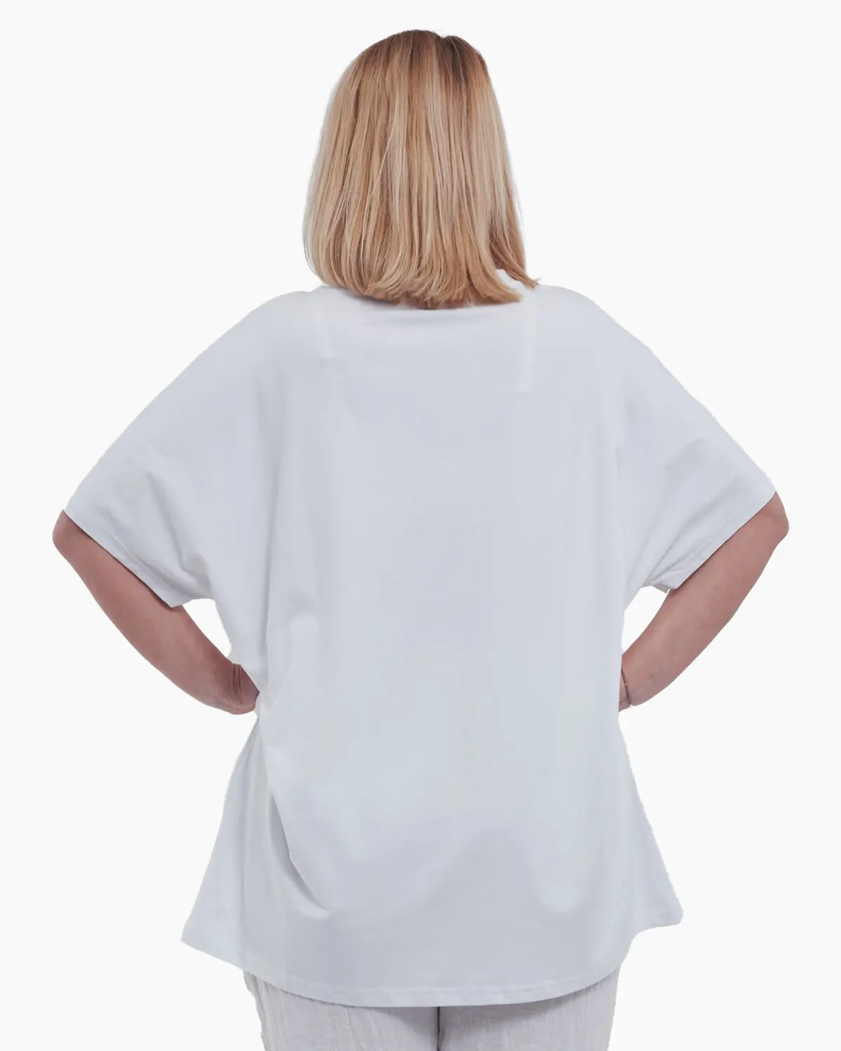 Tricou elegant din bumbac usor elastic cu imprimeu inima, pietricele stralucitoare si croiala fluture lejera cu umeri cazuti, alb [1]