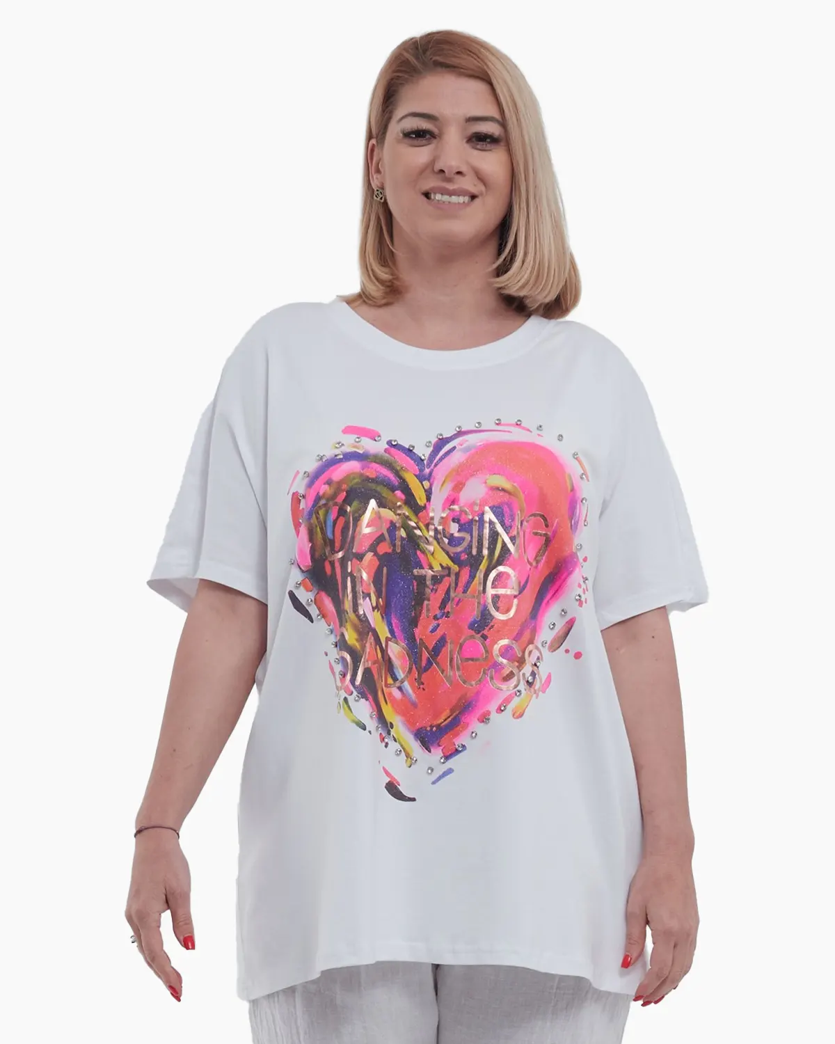 Tricou elegant din bumbac usor elastic cu imprimeu inima, pietricele stralucitoare si croiala fluture lejera cu umeri cazuti, alb [3]
