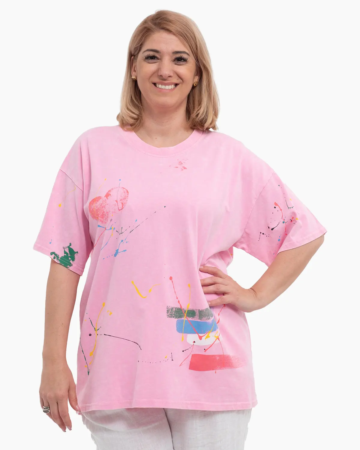 Tricouri - Tricou larg roz din bumbac gros cu imprimeu abstract