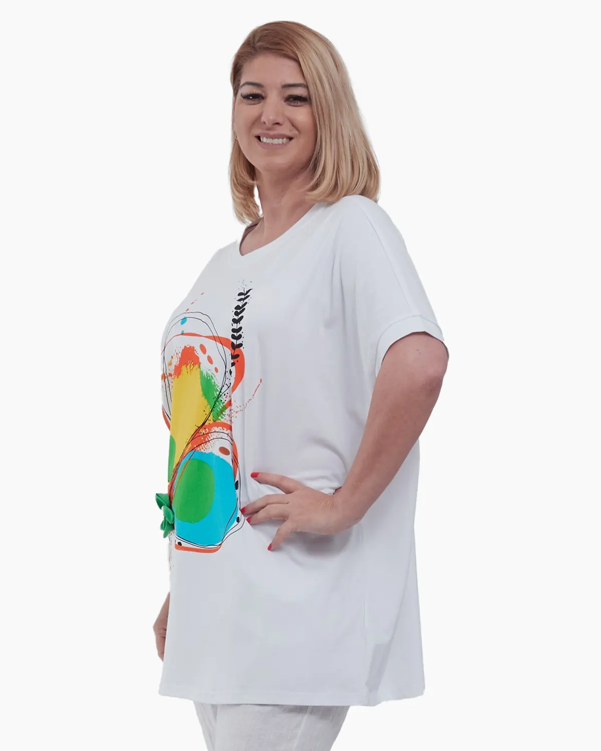 Tricou lejer din bumbac cu umeri cazuti si imprimeu abstract distinctiv, design modern pentru confort si stil casual chic, talie unica, alb [2]
