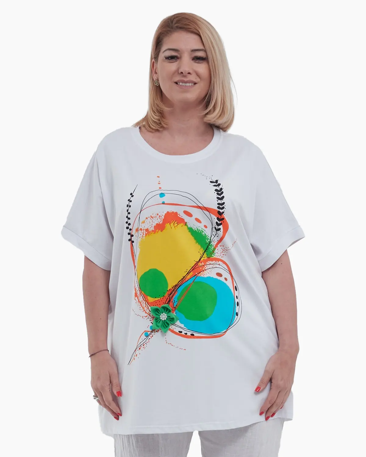 Tricou lejer din bumbac cu umeri cazuti si imprimeu abstract distinctiv, design modern pentru confort si stil casual chic, talie unica, alb [3]