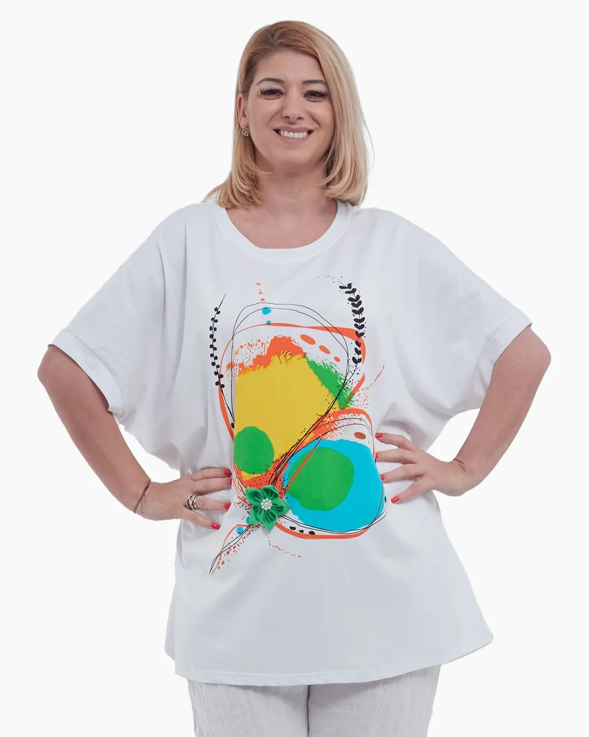 Tricouri - Tricou lejer din bumbac cu umeri cazuti si imprimeu abstract distinctiv, design modern pentru confort si stil casual chic, talie unica, alb