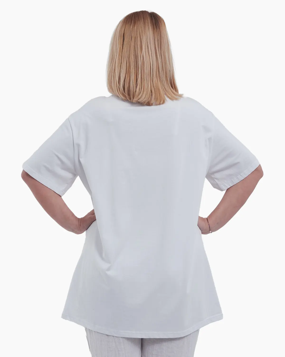 Tricou lung casual din bumbac premium usor elastic cu imprimeu grafic frontal si paiete delicate design lejer maneci scurte talie unica alb [1]