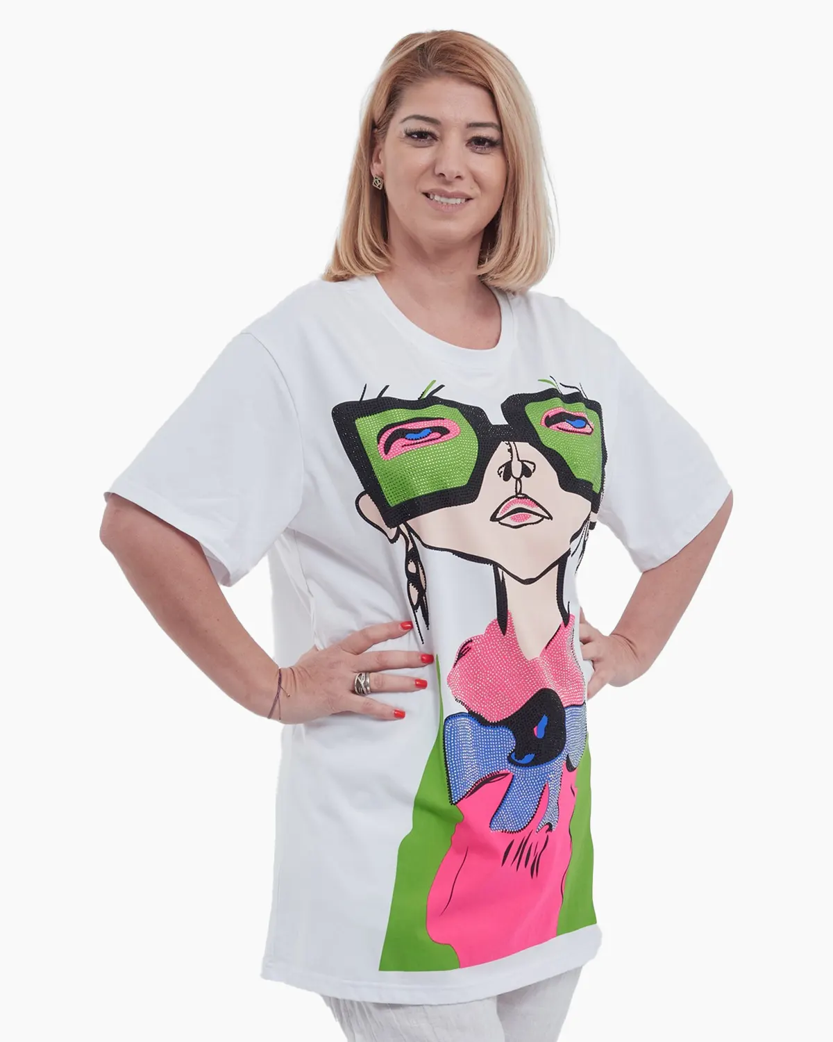 Tricou lung casual din bumbac premium usor elastic cu imprimeu grafic frontal si paiete delicate design lejer maneci scurte talie unica alb [2]