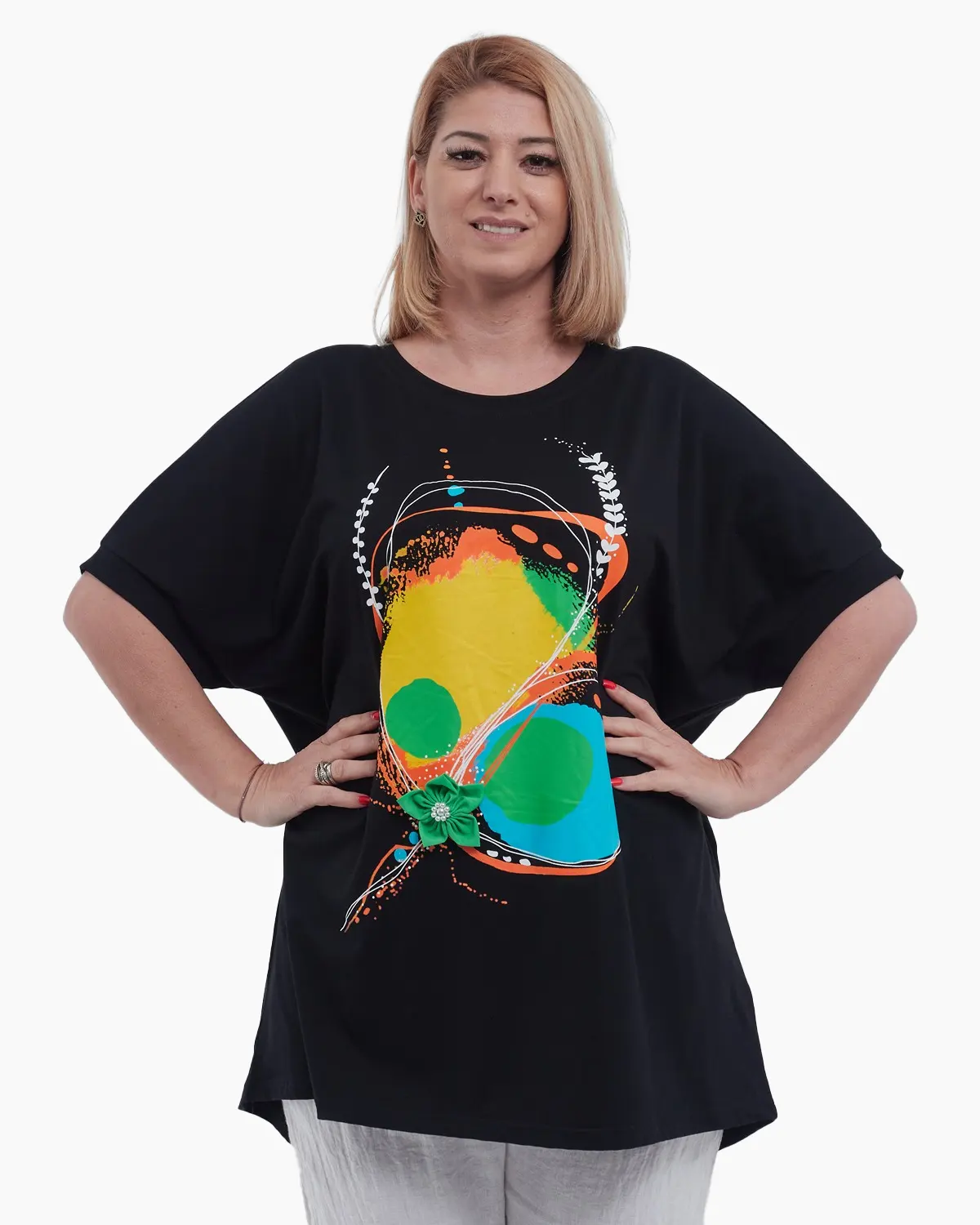Tricouri - Tricou lung casual din bumbac usor elastic cu umeri cazuti imprimeu abstract modern croiala lejera talie unica negru