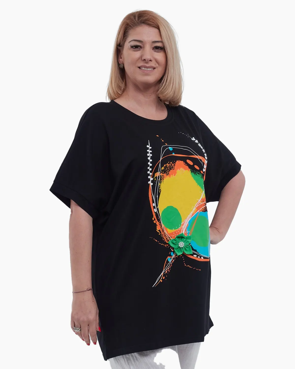 Tricou lung casual din bumbac usor elastic cu umeri cazuti imprimeu abstract modern croiala lejera talie unica negru [3]