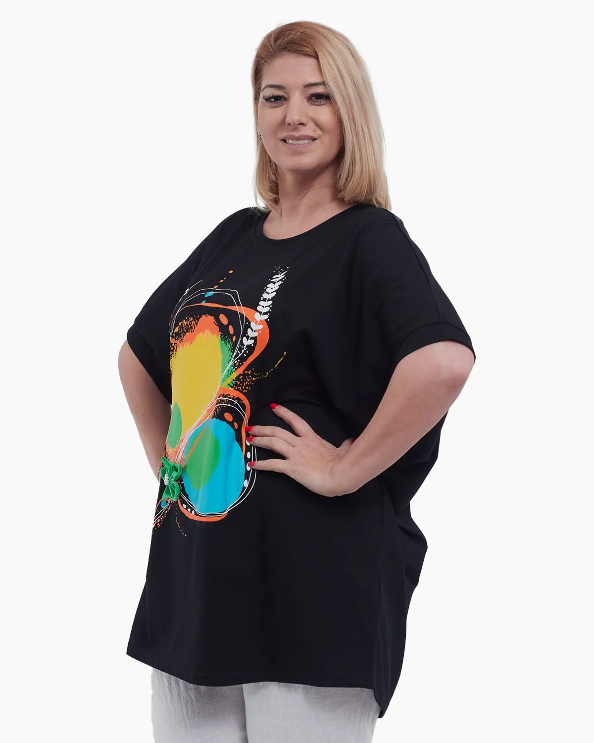 Tricou lung casual din bumbac usor elastic cu umeri cazuti imprimeu abstract modern croiala lejera talie unica negru [1]