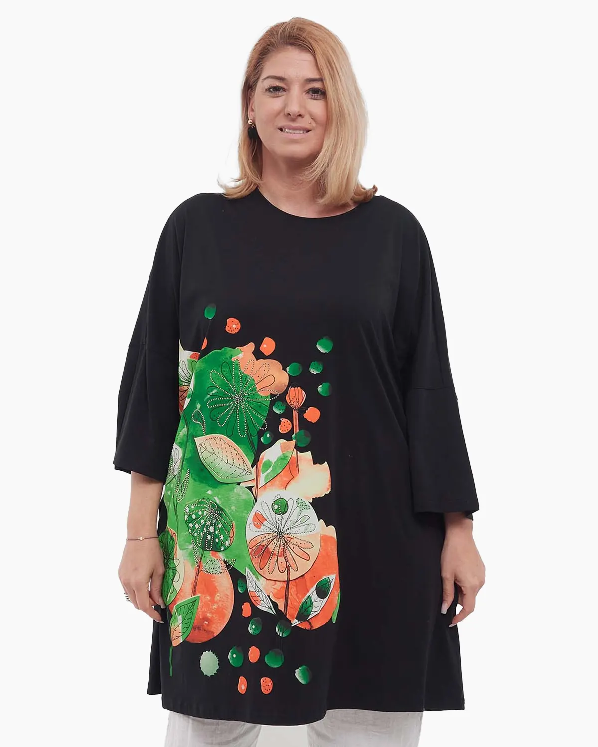 Tricouri - Tricou negru streetwear chic tip tunică cu paiete și imprimeu floral
