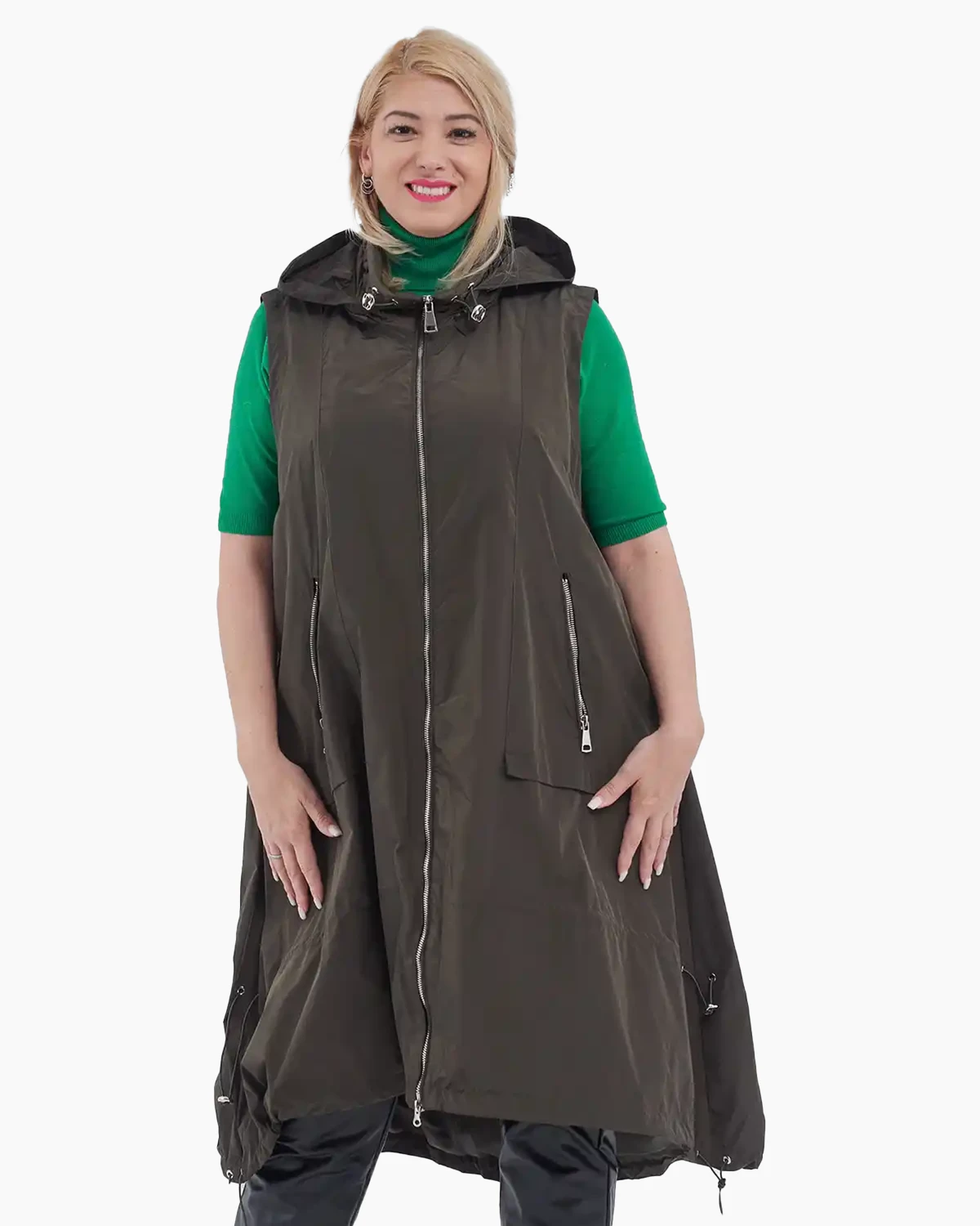 Veste - Vestă lungă asimetrică de toamnă cu glugă detașabilă și fermoar, kaki