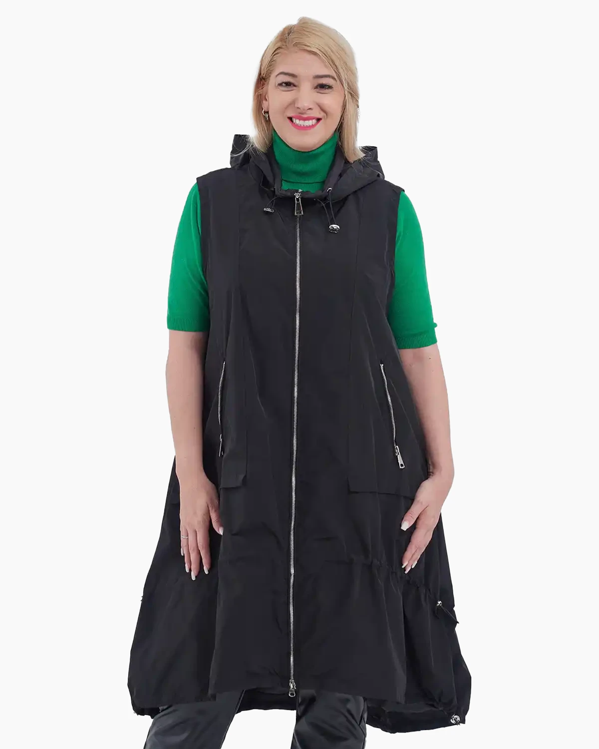 Veste - Vestă lungă asimetrică de toamnă cu glugă detașabilă și fermoar, neagră