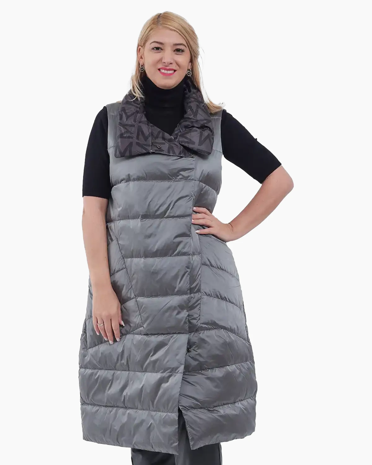 Veste - Vestă lungă reversibilă cu două fețe, umplută cu puf, gri