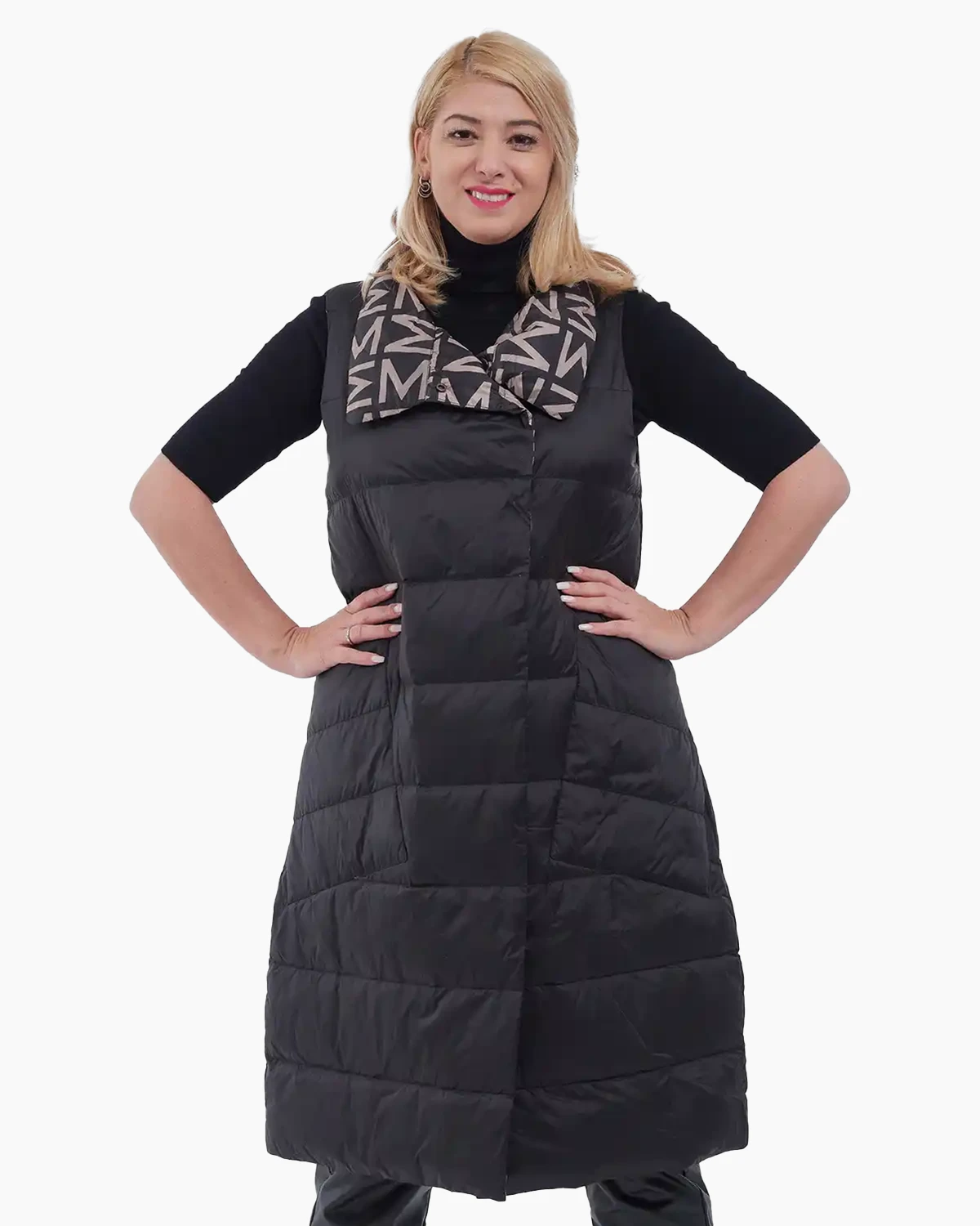 Veste - Vestă lungă reversibilă cu două fețe, umplută cu puf, neagră