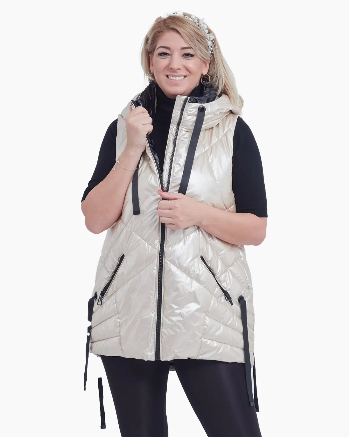 Veste - Vesta matlasata crem perlat cu gluga nedetasabila
