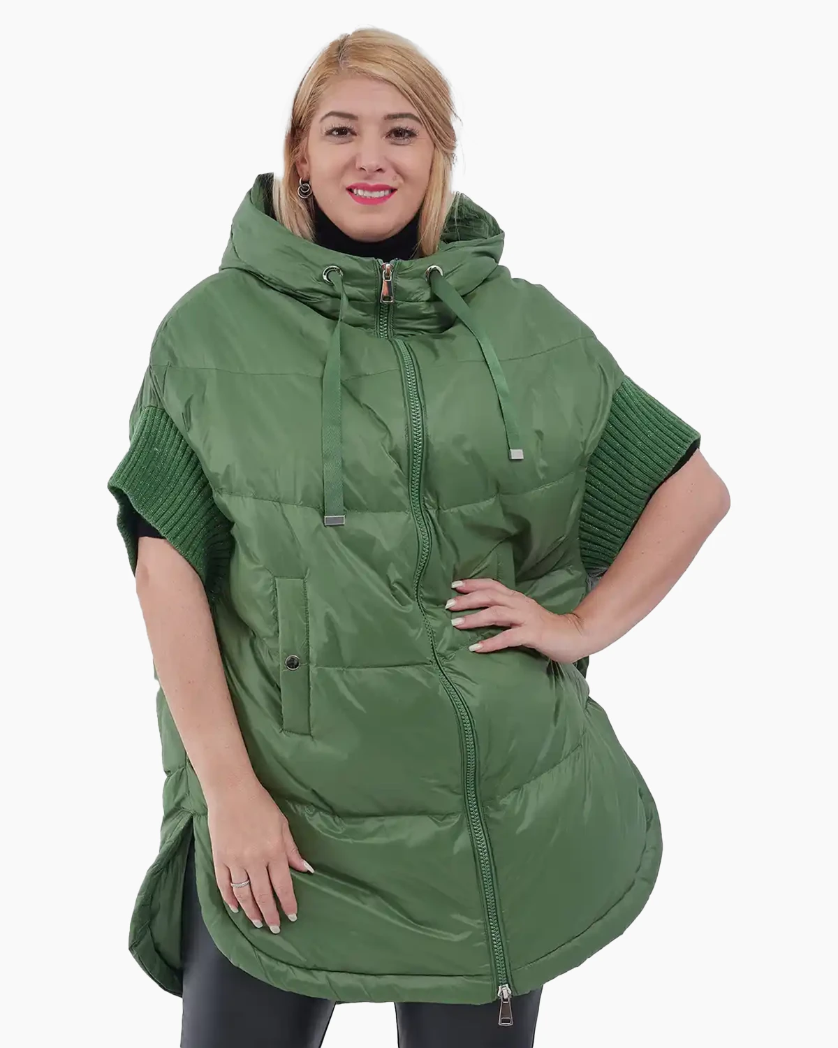 Veste - Vestă matlasată cu mâneci kimono, glugă nedetașabilă, verde