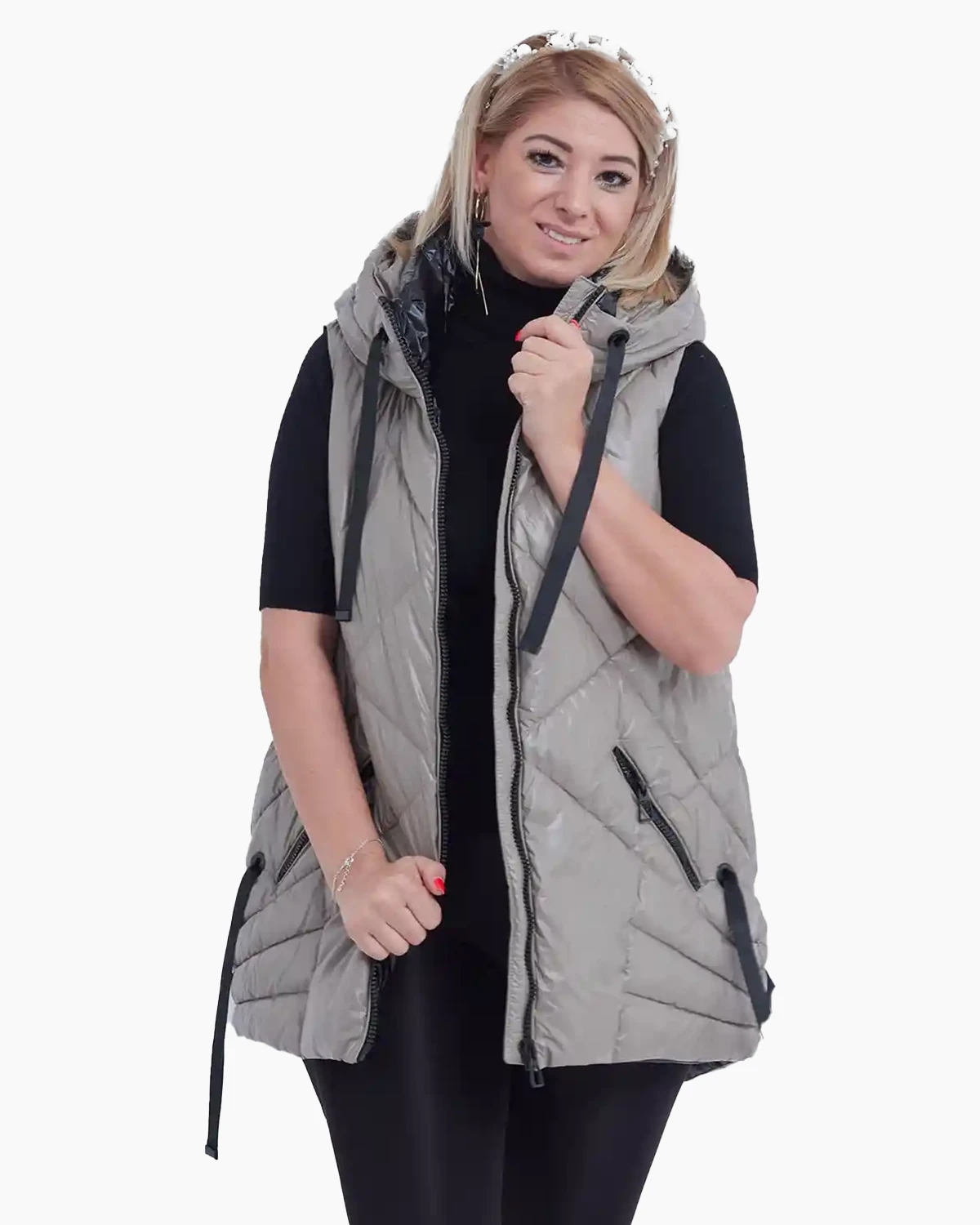 Veste - Vesta matlasata gri cu gluga nedetasabila