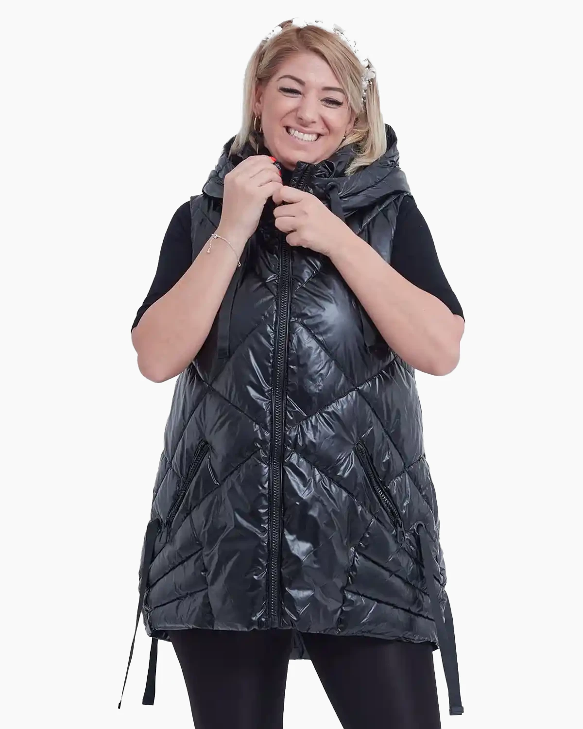 Veste - Vesta matlasata neagra cu gluga nedetasabila