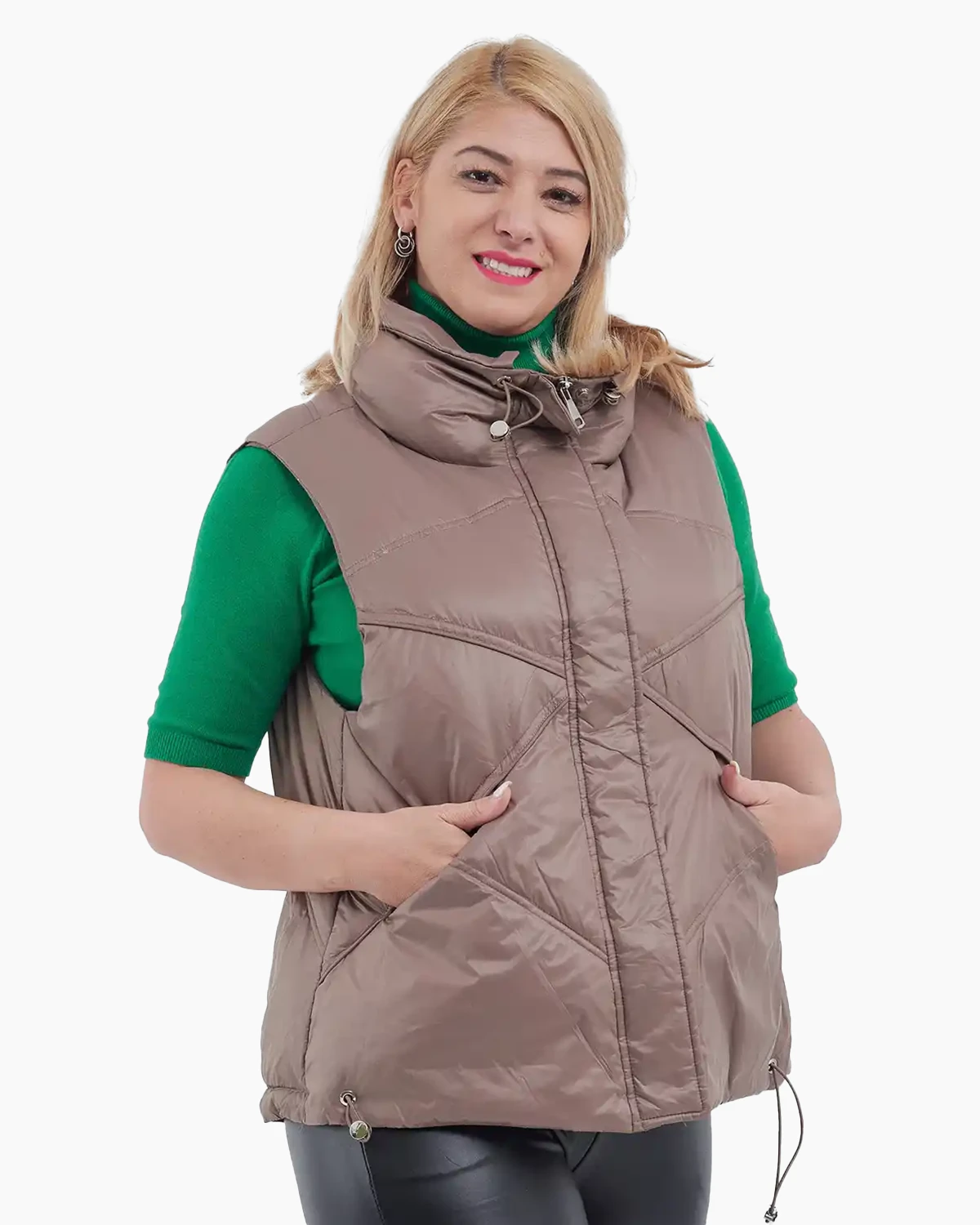 Vesta midi cu umplutură din puf, cu guler larg și buzunare ascunse bej fango [2]
