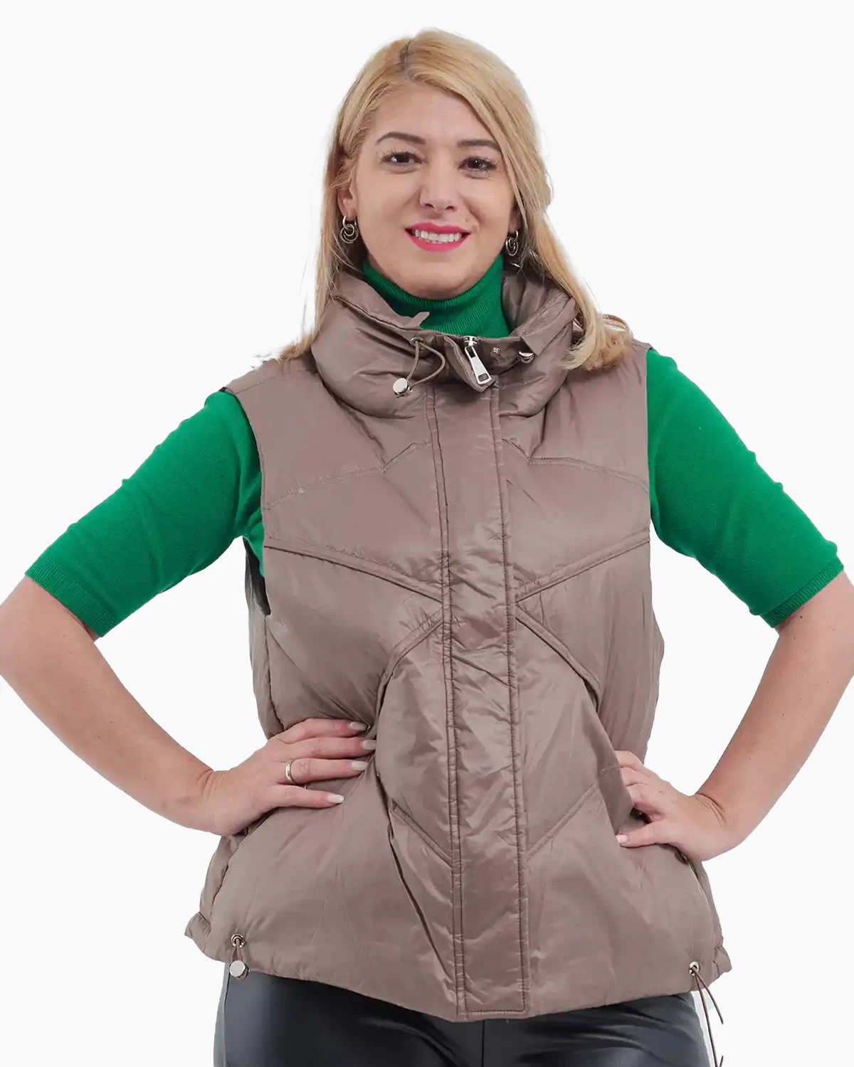 Veste - Vesta midi cu umplutură din puf, cu guler larg și buzunare ascunse bej fango