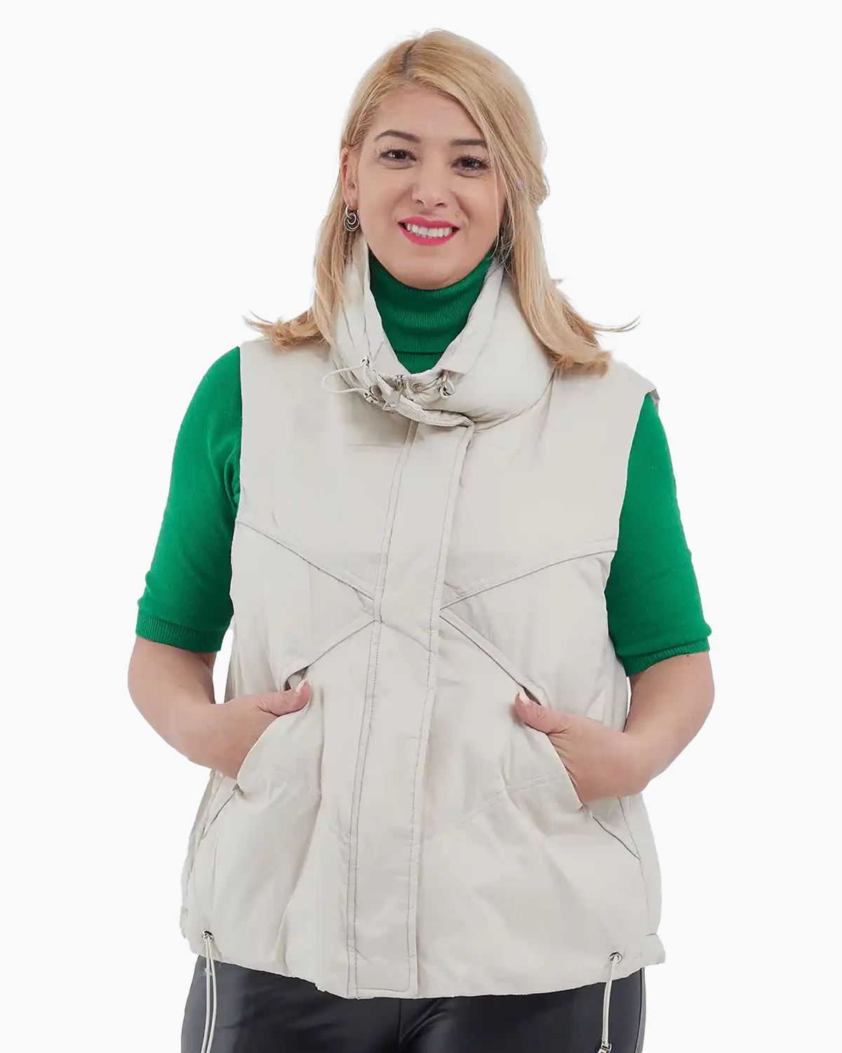 Veste - Vesta midi cu umplutură din puf, cu guler larg și buzunare ascunse crem