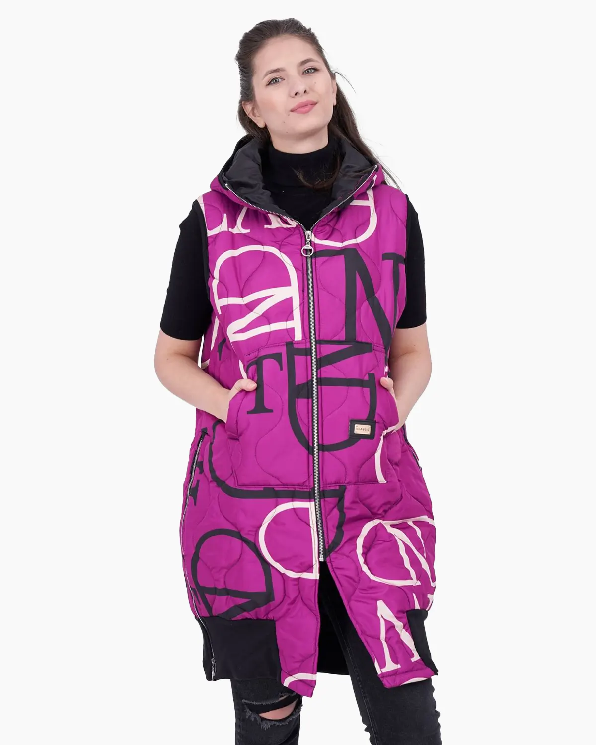 Veste - Vesta pana la genunchi cu gluga, buzunare si fermoare pe laterale , magenta