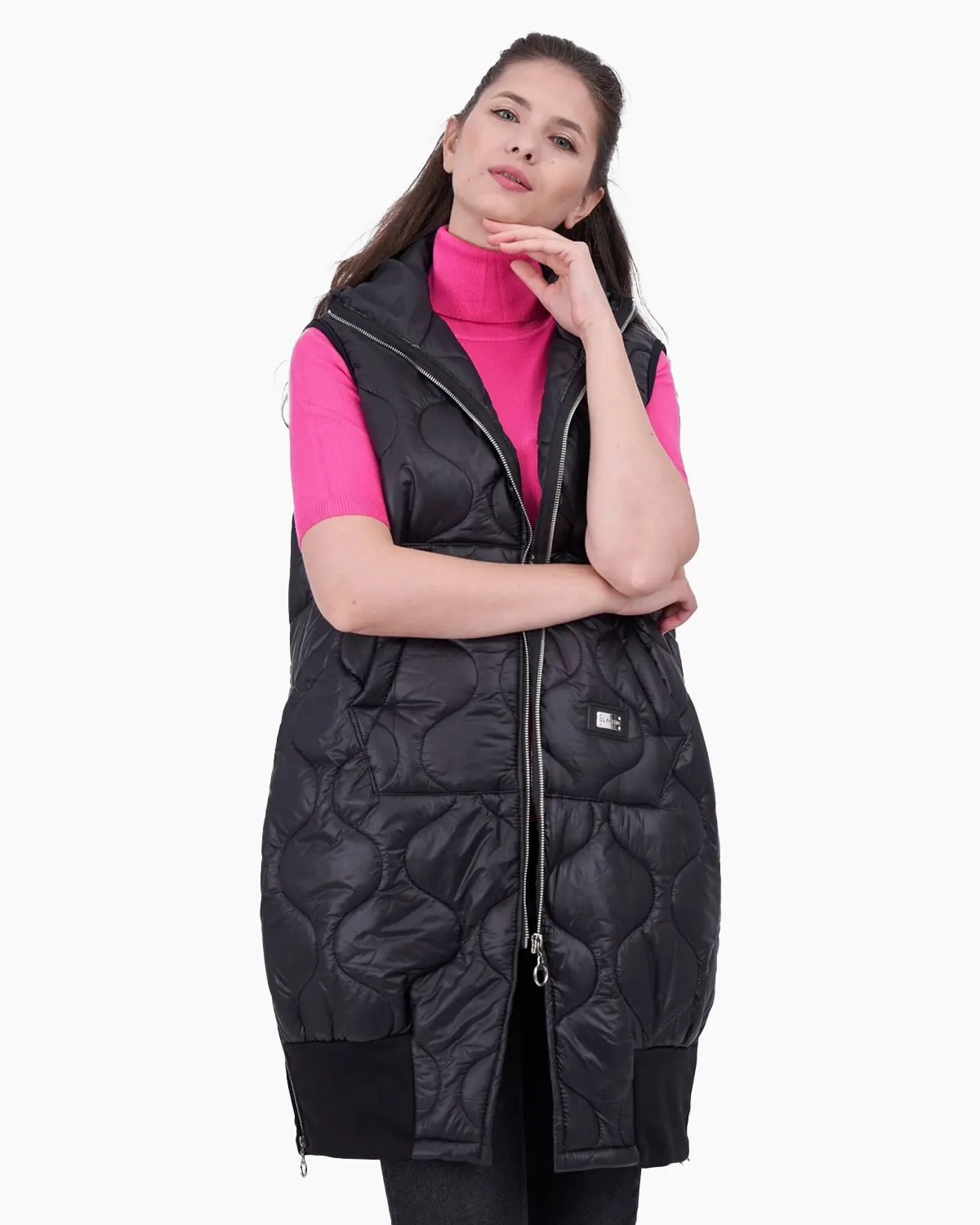 Veste - Vesta pana la genunchi cu gluga, buzunare si fermoare pe laterale , neagra