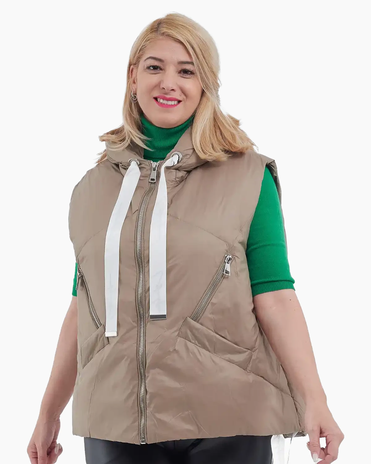 Veste - Vesta scurtă puf asimetrică cu glugă și panglici de ajustare bej fango