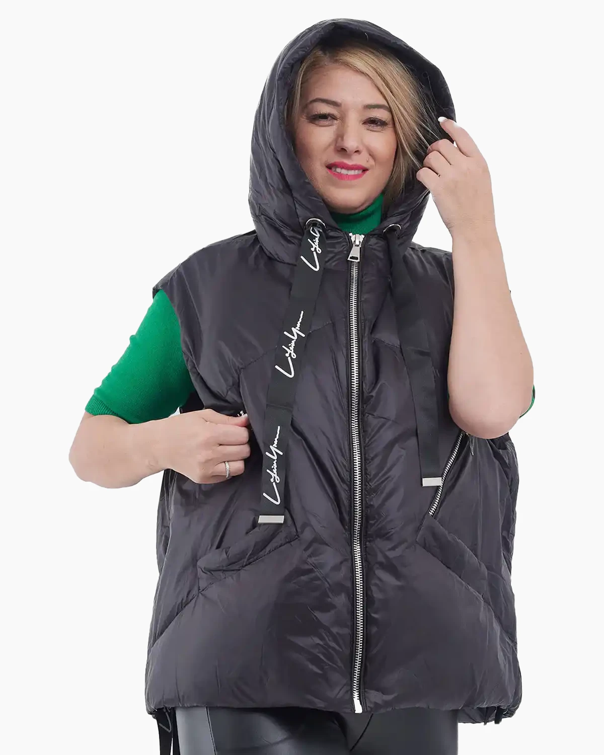 Veste - Vesta scurtă puf asimetrică cu glugă și panglici de ajustare neagră