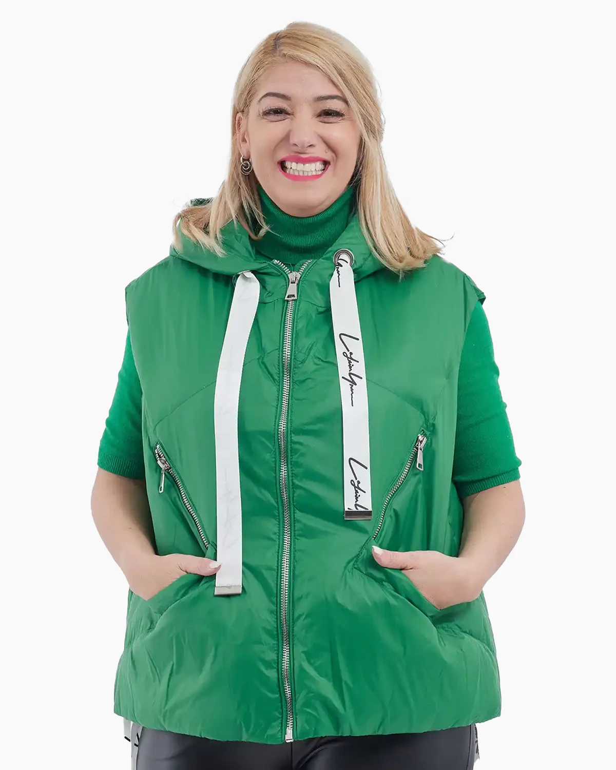 Veste - Vesta scurtă puf asimetrică cu glugă și panglici de ajustare verde