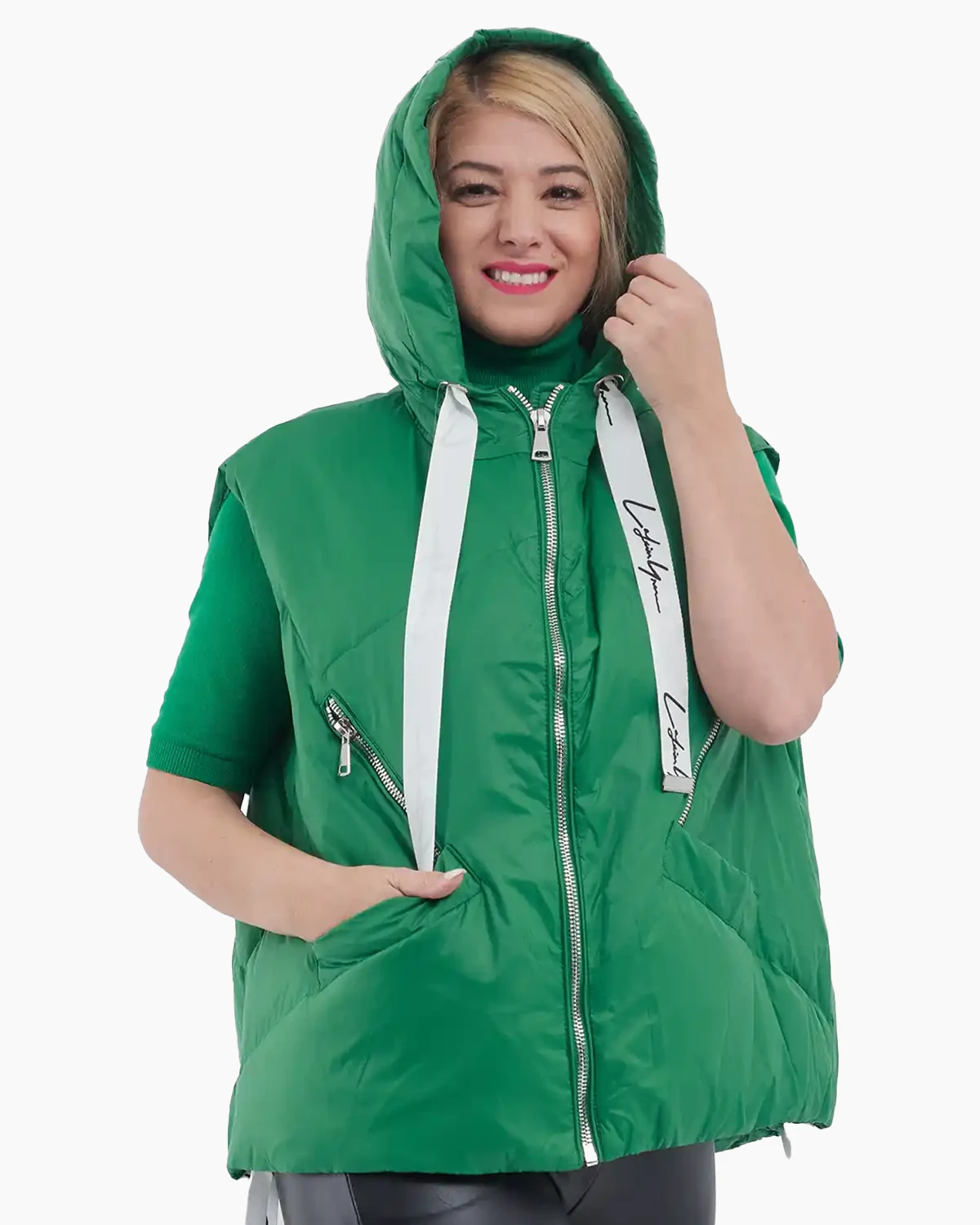 Vesta scurtă puf asimetrică cu glugă și panglici de ajustare verde [2]