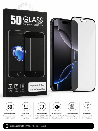 Folii telefoane - Folie sticlă securizată 5D Full Glue iPhone 16 Pro – Black