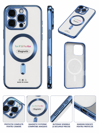 Huse telefoane - Husă Magnetică iPhone 16 Pro Max – Alb cu Accente Albastre