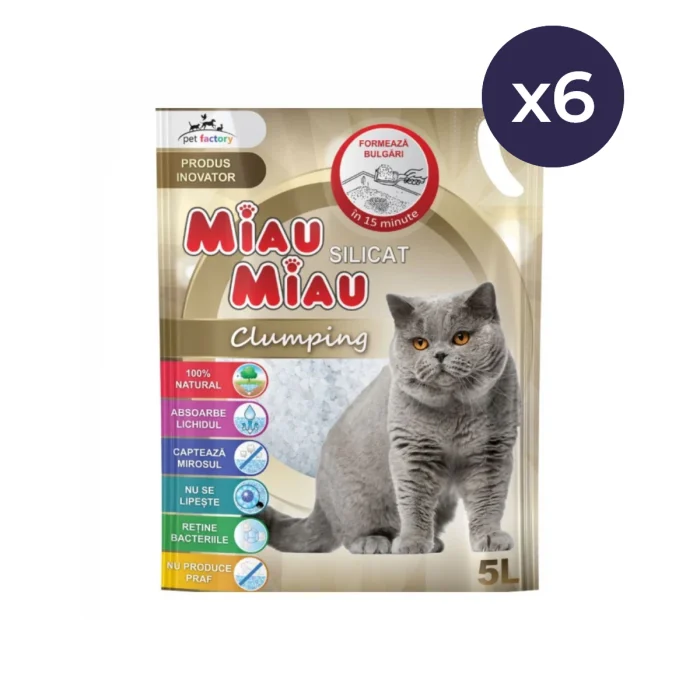 Asternuturi Animale - Pachet economic 6 buc x Asternut igienic pentru pisici Miau Miau Silicat Clumping 5L