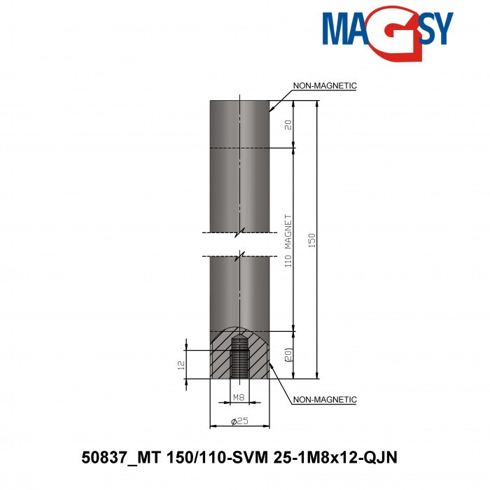 Bară magnetică - NdFeB diam.25 x 150 mm, 14.500 Gs, 95 N, 80 °C [6]