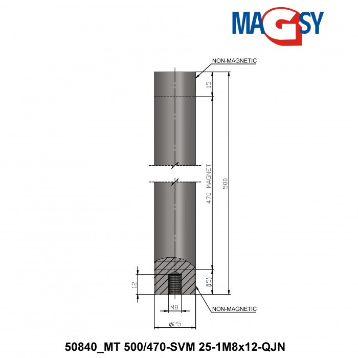 Bară magnetică - NdFeB diam.25 x 500 mm, 14.500 Gs, 95 N, 80 °C [6]