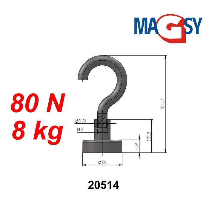 Cârlig magnetic argintiu, diametru 16 mm, NdFeB, forță de rupere 8 kg [7]