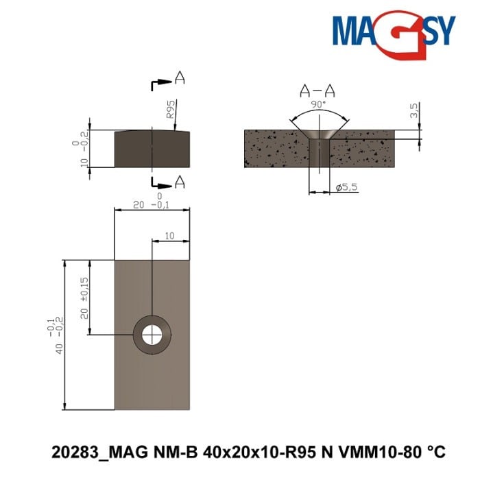 Magnet neodim bloc 40x20x10xR95 N 80 °C, VMM10-N50 [2]