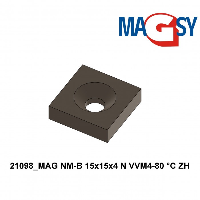 Magnet neodim bloc cu orificiu pentru şurub cu cap înecat 15 x 15 x 4 N 80 °C, VMM4-N35 [4]
