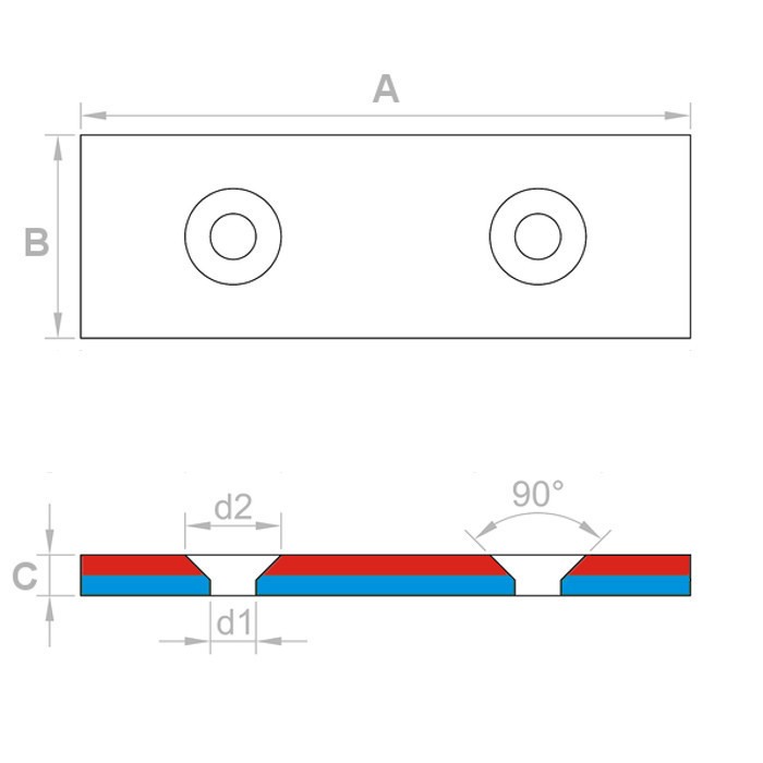 Magnet neodim bloc cu orificiu pentru şurub cu cap înecat 60 x 20 x 4 N 80 °C, VMM4-N35 [3]