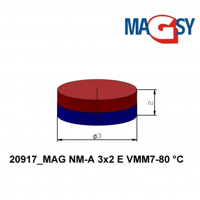 Magnet neodim cilindru cu diam.3x2 E 80 °C, VMM7-N42 [3]