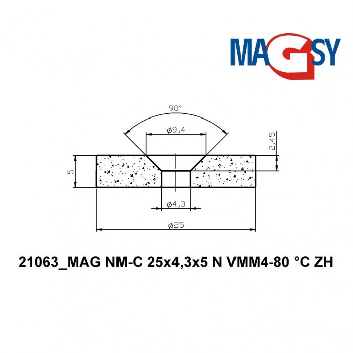 Magnet neodim cilindru cu gaură pentru șurub cu cap înecat diam. 25 x 5 N 80 °C, VMM4-N35 [2]