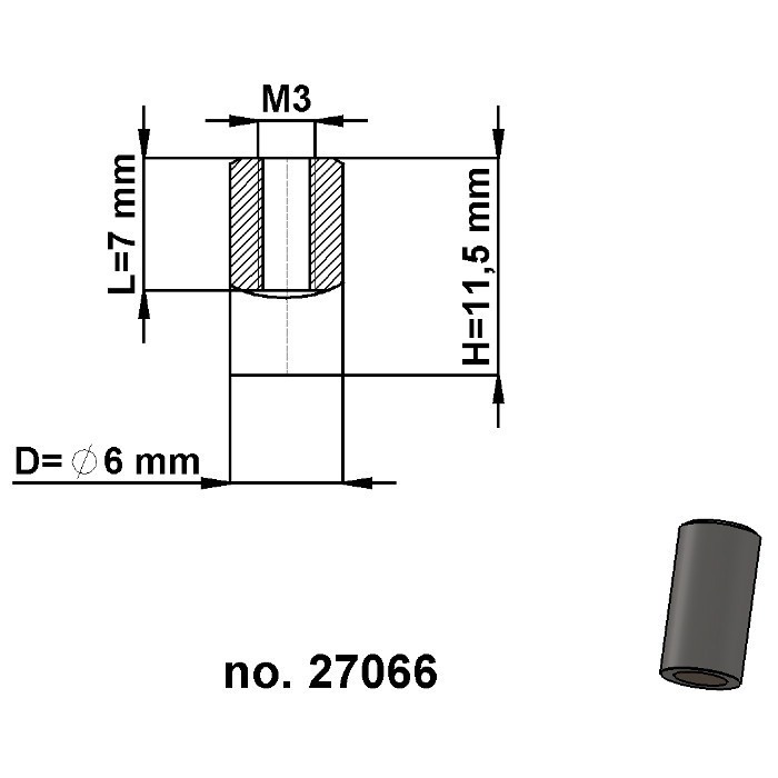 Magnet oală cilindru diam. 6 x înălțime 11,5 mm cu filet interior M3, înălțime filet 7 mm [3]