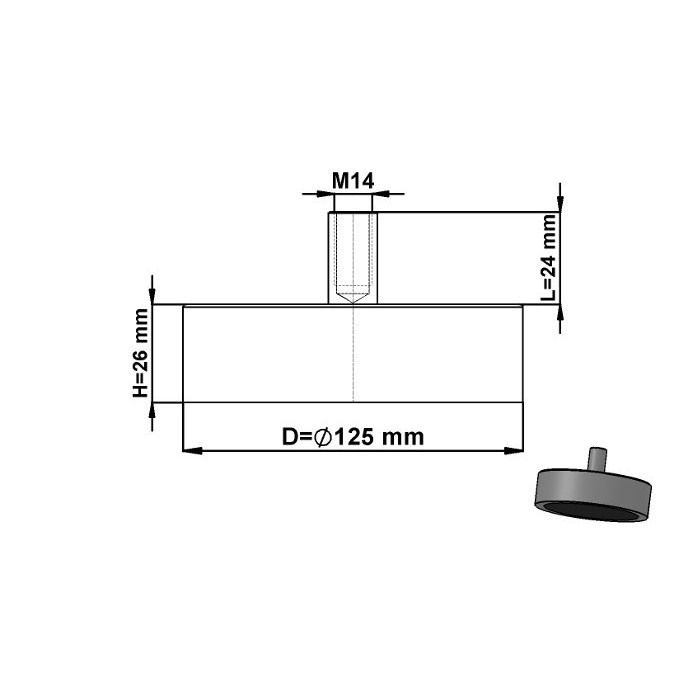Magnet oală cu coadă, diam. 125 x înălțime 26 mm cu filet interior M14, înălțime filet 24 mm [3]