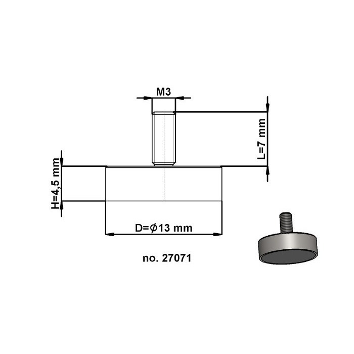 Magnet oală cu coadă, diam. 13 x înălțime 4,5 mm cu filet exterior M3, înălțime filet 7 mm [3]